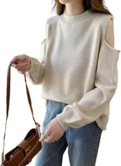 J-Scott 肩出しセーター ショルダーカット 長袖 ラウンドネック ニット ゆるシルエット パフスリーブ ヘルシーコーデ 大人リラクシー レディース(ベージュ,  M)