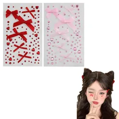 キラキラ 光る 3D フェイスストーン 自己粘着性 かわいい 顔面デコ リボン ハート ネイルデコパーツ フェースステッカー シール 携帯電話飾り用 シール【2枚セット】ラインストーン 顔 DIY用品 YANHUILAY