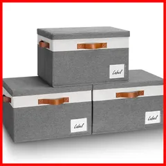 【人気商品】ハンドル付き 分類用ラベル 収納ケース 丈夫なキャンバス生地 折りたたみ式 ボックス 大容量整理用 3点セット カラーボックス 蓋付き (大きい-蓋付き 蓋付き 収納ボックス - LHZK グレー/ホワイト)