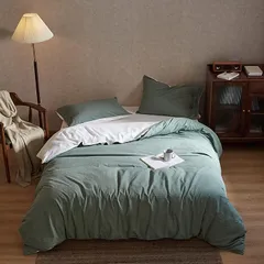 MILDLY 洗いざらし綿100% 布団カバー 4点セット シングル 洋式・和式兼用 ：掛布団カバー ボックスシーツ 枕カバーx2 / 柔らかく 変形しにくく 色あせず シングル・グリーン( グリーン,  シングル)