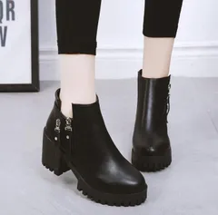 シューズ ショートブーツ サイドゴア 厚底 太ヒール レディース ブーティ ハイカット エンジニア ハイヒール サイトジップ 歩きやすい 通勤 zhiyuan08