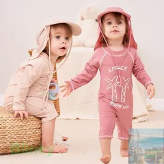 【美品・未使用新品】ベビー 水着 女の子 ロンパース 赤ちゃん 水着 男の子 長袖 ラッシュガード 帽子付き 2点セット UVカット 紫外線カット スイムウェア 水遊び アウトドア