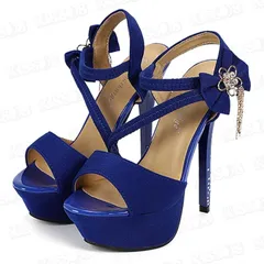 キッソス（ＫＩＳＳＯＳ） レディース パンプス オープントゥ ハイヒール アンクルストラップ リボン 15cm キャバヒール サンダル 厚底(ブルー,  24.5 cm)
