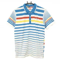 ★特価★プーマ 半袖ポロシャツ 白×ライトブルー ボーダー ロゴ刺しゅう メンズ M ゴルフウェア PUMA