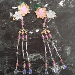 華流 ヘアクリップ ロング 左右セット お花 白 ピンク ゴールド