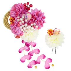 髪飾り 成人式 振袖 前撮り 袴 2点セット 花 ピンク 紫 白 ゴールド 造花 ちりめん 下がり ゆらゆら 組紐 パールビーズ 和柄 No.12-0700