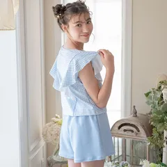 【ギンガム・サックス】肩フリルセパレート水着 TAK キャサリンコテージ