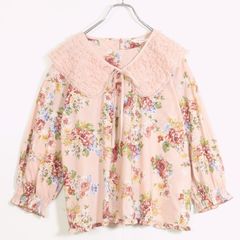 【極美品】ピンクハウス★豪華♪段々レースの付け襟♪ゆったりローンブラウス ピンク系 裾フリル♪華やかフラワープリント♪z14213