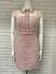 ROBE de  FLEURS ローブドフルール　キャバドレス　ツイードラメ　襟ストーン　ノースリーブ　ドット　シースルー　M