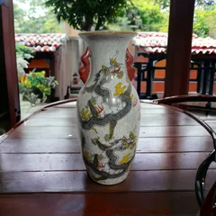 花瓶 花器 壺 彩 磁 九谷焼 交趾 龍紋 古九谷 古物花瓶口径約95センチ