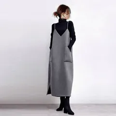ツイード ワンピース 即購入OK レディース Vネック ロング丈 キャミワンピース ジャンパースカート シンプル 無地 ポケット付き 体型カバー ゆったり 秋 冬 カジュアル  おしゃれ 20代 30代 40代 50代 xzzhang702