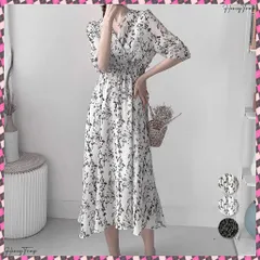 送料無料 花柄 フレアワンピース春夏カシュクール風 レディース 上品 Vネック ロングワンピース 半袖 リゾートワンピ レジャー旅行 大人サマーワンピ ウエストマーク韓国風 夏ワンピース細見え シフォンワンピ 黒 レトロ風フェミニン