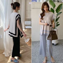 サマーニットセットアップ 冷感タッチ薄手上下 セットアップ 通気性 韓国ファッション 無地 ニットパンツ 春夏 20代 30代 xzjhhqr#