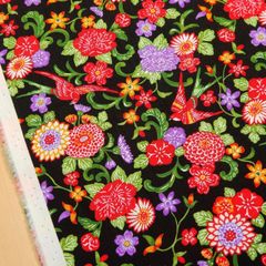約110×50cm　紅型風 和柄 花鳥風月 ブロード生地  AP52109-1F ブラック　生地 布地 布 ハンドメイド