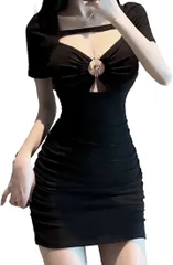 ReiLuana ワンピース セクシー 半袖 胸 露出 デコルテ V ネック ドレス 美 ミニ スカート 人気 かわいい お洒落 きれい 無地 丈 トレンド 着やせ Vネック 細身 胸元 シルエット ボディコン デート(ブラック,  L)