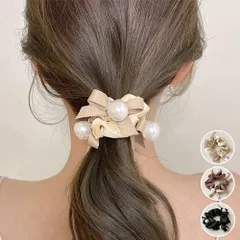 シュシュ レディース 春夏秋冬 直径約7cm ヘアゴム リボン フェイクパール ポリエステル 上品 女性らしい 光沢あり 黒