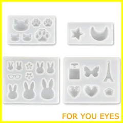 【特価商品】レジン型 ソフトモールド 4個セット うさぎ メガネ ネコ 爪 蝶 タワー 瓶 ハート 星月 シリコン モールド アクセサリー パーツ (兎・ネコ爪・蝶・星月)
