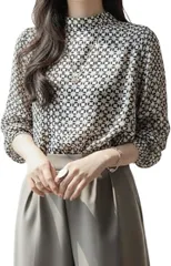 あすなろbox ブラウス レディース 長袖 幾何学柄 スタンドカラー シフォン 通勤 仕事 オフィス 上品 体型カバー(ホワイトブラック,  M)