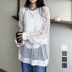 レディース ニットセーター 薄手 メッシュ メッシュニット プルオーバー 透かし編み 体型カバー レイヤード 透け感 シンプル 無地 カジュアル トップス 可愛い メッシュニット シースルー 長袖