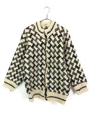 古着 90s エクアドル製 骨格子 ボーン チェック ヘビー ウール ニット カーディガン M位 古着 