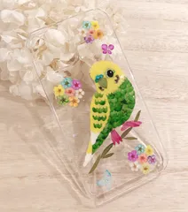 イエローセキセイインコの押し花iPhoneケース