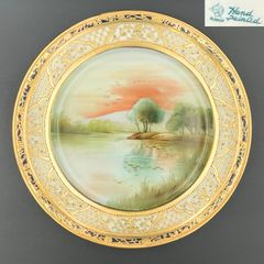 【希少】初期オールドノリタケ プレート アンティーク 湖畔風景 金盛り 1910年代頃 里帰り M005