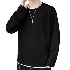 L_#261:ブラック [Aroniko] 長袖tシャツ メンズ ロンティー ロングtシャツ ろんてぃーメンズ 長袖 ろんぐtシャツ メンズ長袖tシャツ カットソー トレーナー ワッフル 無地 シンプル 春 秋 大きいサイズ 重ね着風 ブラック L