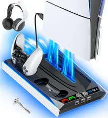 2023新型 PS5 Silm/PS5 縦置き スタンド 冷却ファン付き 3段階風速調整 プレイステーション5 スタンド PS5/PS5 Silm コントローラー Edge 充電器 ドックRGBライト 2台同時充電 PS5 スリム/PS5に対応アクセサリー P