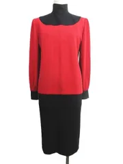 レア ヴィンテージ GIVENCHY ジバンシー ウール ワンピース バイカラー ハイネック 長袖 昭和レトロ 赤×黒 10号 Lサイズ  レッド ブラック レディース  E272L