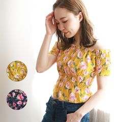 【新品】 在庫一掃セール中！ バラ柄 シャーリング オフショル トップス ガーリー 花柄 トップス