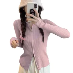 【数量限定】無地 ダブルジッパー セクシー 長袖 お洒落 前ジップ 前開き お出かけ ショート丈 着せ 立ち襟 セーター 学生 スタンドカラー 春 ニット 夏 カーディガン トップス 秋 レディース デート [AUSKY]