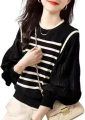 Dep Club 可愛い レディース トップス 春 ニット ボーダー セーター チュニック ベスト オシャレ 重ね着風 長袖 薄手(ブラック,  Free Size)