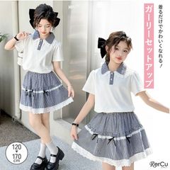 NO,111★ 韓国風  2点セット  ギンガムチェック   ガーリー カジュアル おしゃれ かわいい  夏服 夏コーデ 通学 お出かけ 子供服 キッズ ジュニア 小学生