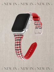 Apple Watch 千鳥格子柄 キャンバス生地 フェイクレザー バンド 42/44/45mm　千鳥格子柄レッド