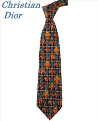ネクタイ Christian Dior クリスチャンディオール　 ネイビー・ゴールド系　総柄 イタリア製　シルク100%