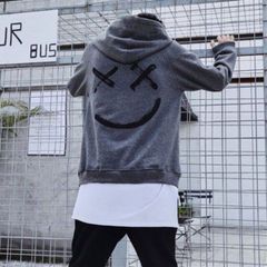 バイカラー ニコちゃん グレー パーカー 長袖 韓国 秋冬 ユニセックス 大人気