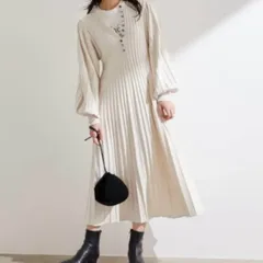 アダムエロペ バルーンスリーブフレアーニットワンピース 長袖