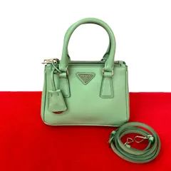 極 美品 PRADA プラダ ガレリア マイクロ 三角ロゴ 金具 サフィアーノ レザー 2way ハンドバッグ ショルダーバッグライトグリーン 95827