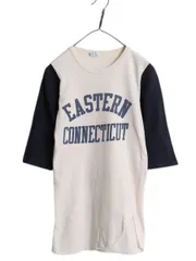 【お得なクーポン配布中!】 80s USA製 チャンピオン 2段 カレッジ 染込み プリント ベースボール Tシャツ メンズ S / ヴィンテージ トリコタグ 7分袖 ロンT ツートン