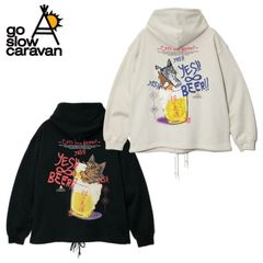 新品 ゴースローキャラバン go slow caravan 長袖 裏毛 パーカー フーディー スウェット 猫と麦酒 猫 ねこ ネコ ビール ポケット付 ユニセックス メンズ レディース アイボリー 黒 ブラック