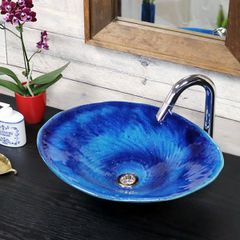 信楽焼 手洗い鉢 洗面ボウル 陶器 幅44cm 大型サイズ 藍の色楕円型手洗い鉢 tr-4124