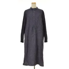 【ICHI】コットンリネンストライプAラインシャツロング長袖ワンピース