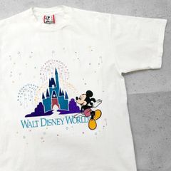ディズニー Disney アメリカ製 USA製 ミッキーマウス シンデレラ城 キャラクター イラスト プリント Tシャツ Lサイズ ホワイト 白 古着 【UR-0499】