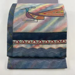 袋帯 美品 秀品 落款 鳥 幾何学模様 金通し ぼかし 灰紫 お太鼓柄 正絹 【中古】