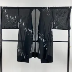 道中着 身丈102cm 裄丈66cm M 和装コート 草花 黒 正絹 逸品 【中古】