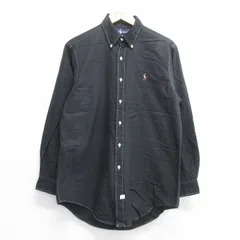 L/古着 ラルフローレン 長袖 ブランド シャツ メンズ 90s ワンポイントロゴ オックスフォード ロング丈 コットン ボタンダウン 黒 ブラック