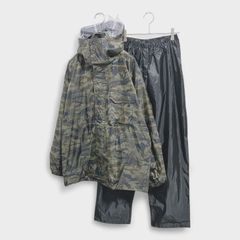 【美品】【レインテック】RAIN-TECH [レインコート] カッパ レインスーツ 上下セット＋収納袋付 メンズ ブラックカーキ系 カモフラ柄 迷彩柄 ボトムス無地 (L) フード取り外し可 メンズ 商品E2294 管理A