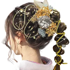 [JZOON] 髪飾り 成人式 ドライフラワー 水引 金箔 銀箔 カスミソウ 組紐 人気 ロープ ヘアアクセサリー 前撮り 振袖 卒業式 結婚式 和装 袴 着物 浴衣 ブライダル 花嫁 ヘッドパーツ ゴールドピン ゴールド葉っぱ Y1602