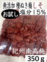 【お試し】紫蘇と塩で漬けた 種抜き紫蘇梅 無添加 種ぬき梅 しそ 種なし【350ｇ】塩分15% 紀州南高梅 塩分補給 夏バテ