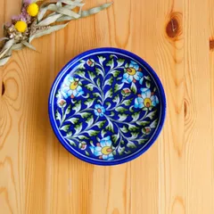 陶器飾り皿　インド　ブルーポタリー　中サイズ　青地に水色の花弁